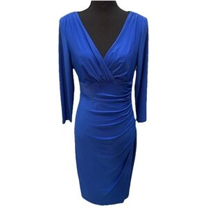 Lauren Ralph Lauren Dress Women Size 8 Royal Blue Midi Ruched 3/4 Sleeve Office